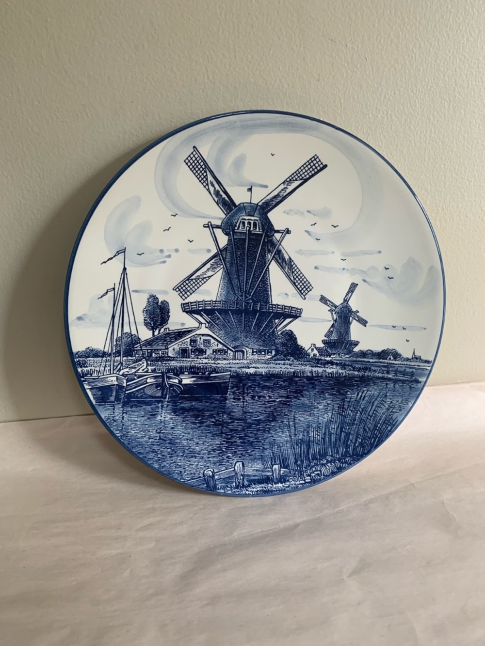 Vintage Delft Blue Hand-Painted 12” Plate Windmill Holland Elesva 1998 Hanging